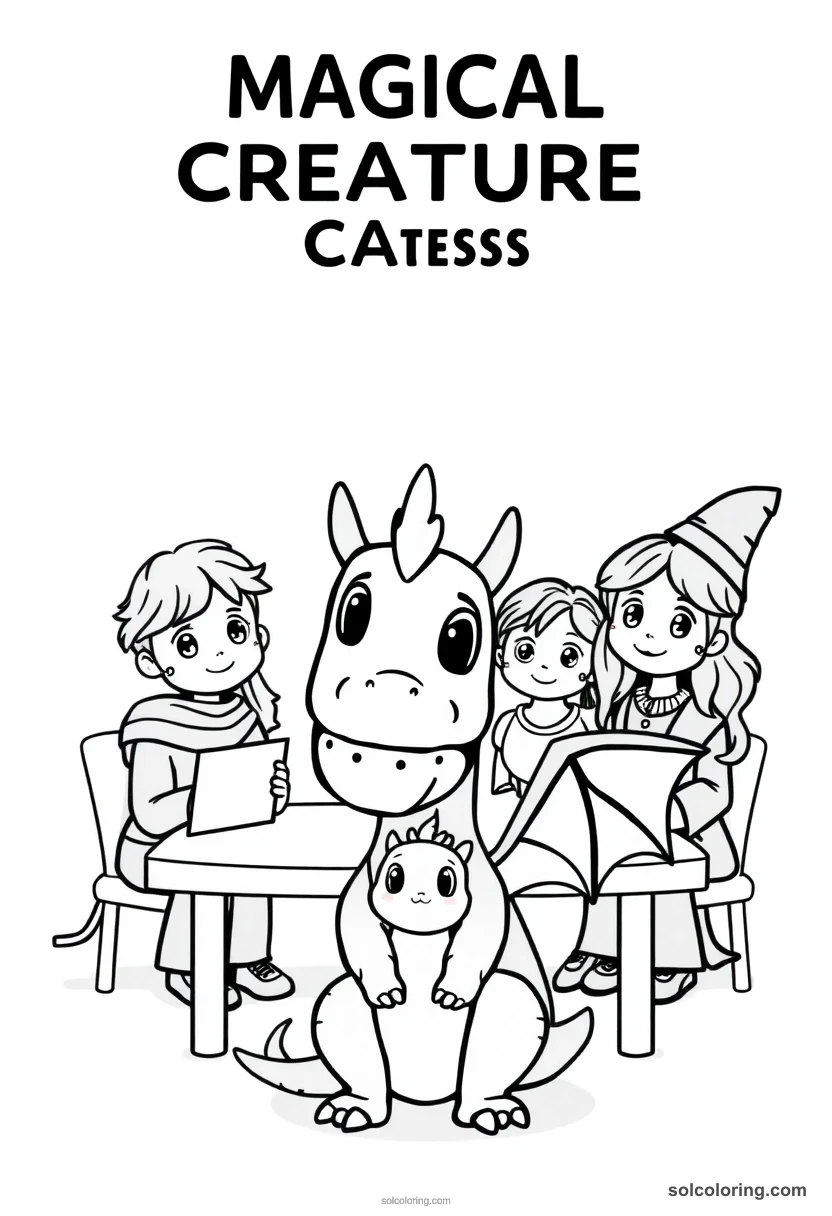 Cute Cartoon Magical Creature Care Class with Students and a Baby Dragon cute cartoon coloring page for kids
