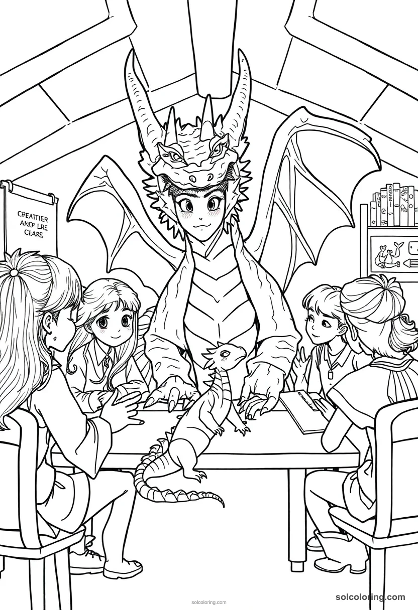 Magical Creature Care Class with Students and a Baby Dragon detailed coloring page for kids