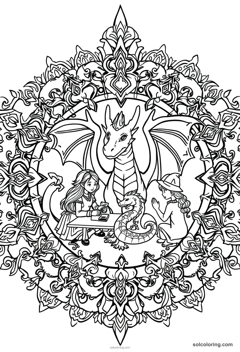 Mandala Magical Creature Care Class with Students and a Baby Dragon mandala coloring page for kids