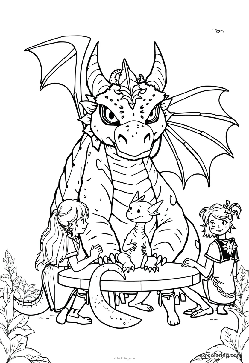Magical Creature Care Class With Students And A Baby Dragon coloring pages