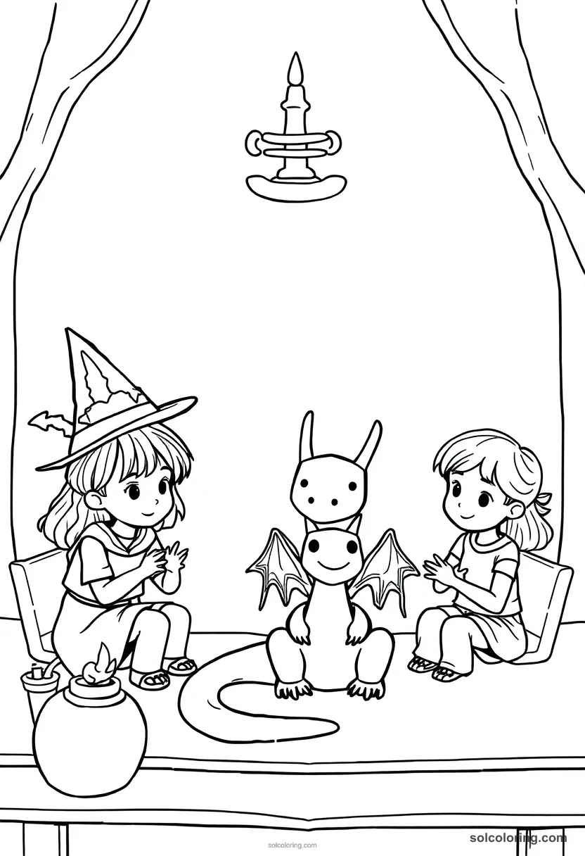 Simple Magical Creature Care Class with Students and a Baby Dragon simple coloring page for kids