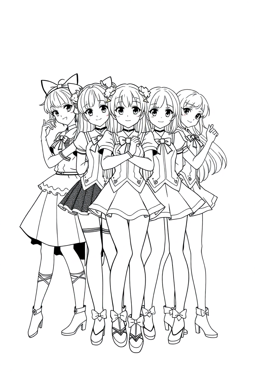 Magical Girl Team Group Pose coloring page, free printable
