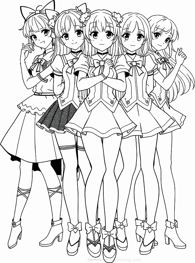 Magical Girl Team Group Pose coloring page for kids