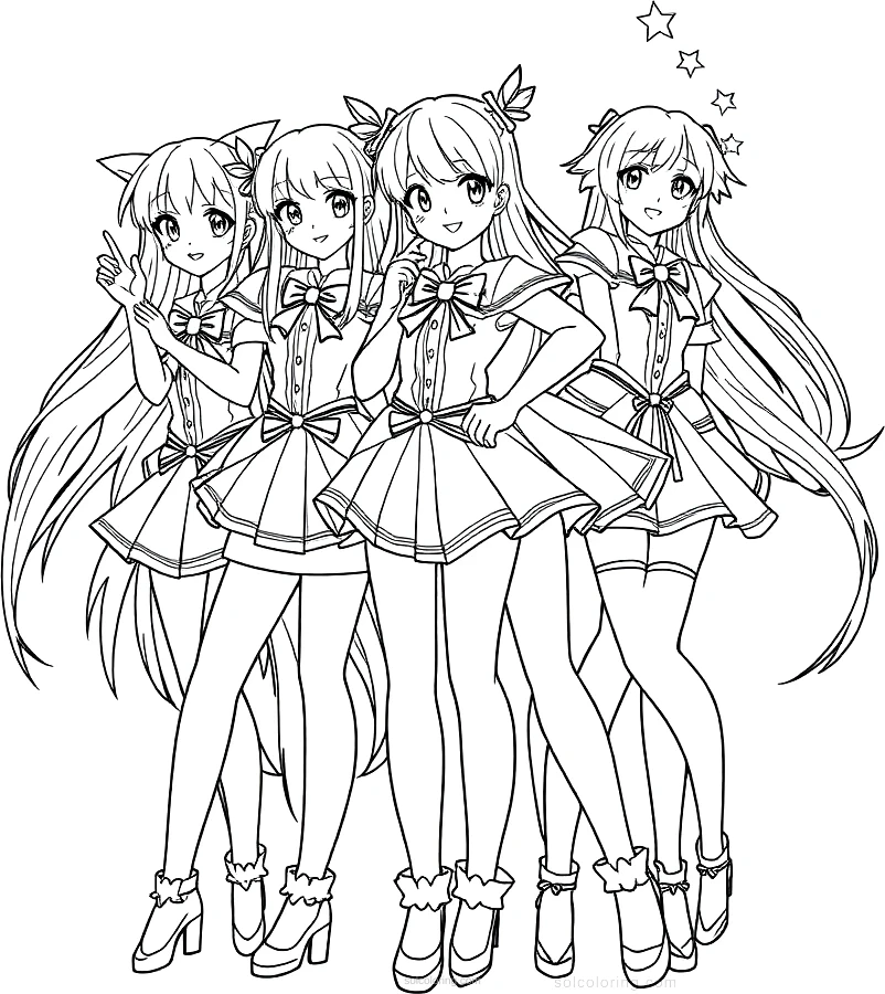 Magical Girl Team Group Pose coloring page for kids