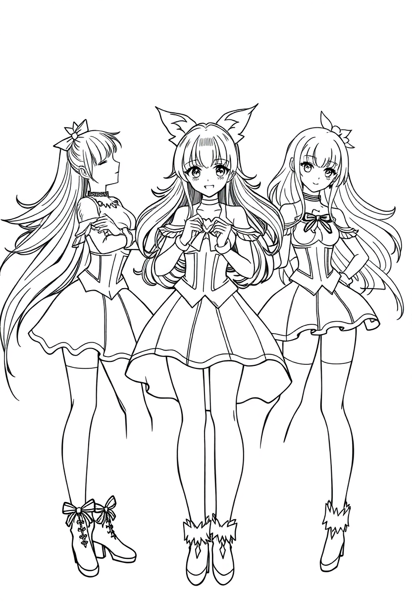 Magical Girl Team Group Pose coloring page, free printable