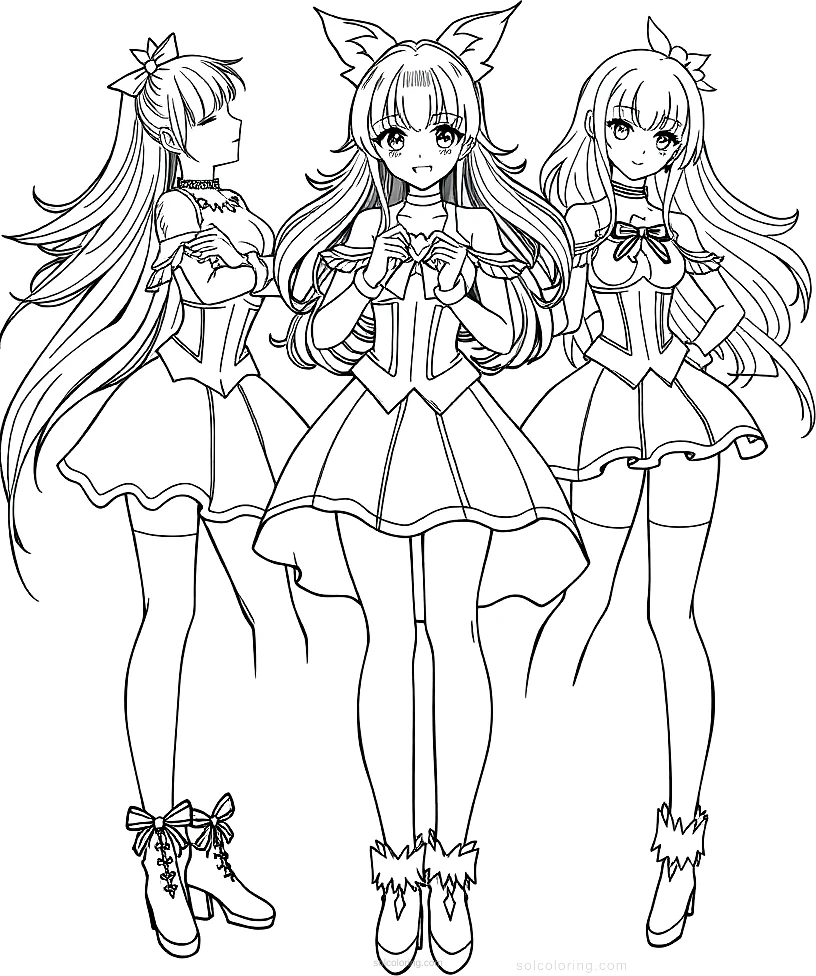 Magical Girl Team Group Pose coloring page for kids