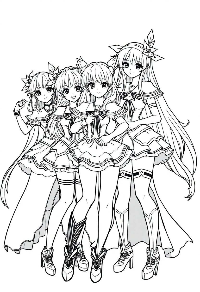Magical Girl Team Group Pose coloring page, free printable
