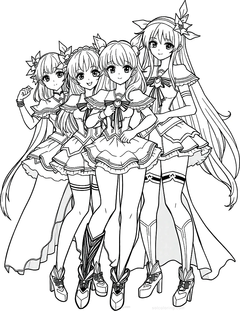 Magical Girl Team Group Pose coloring page for kids