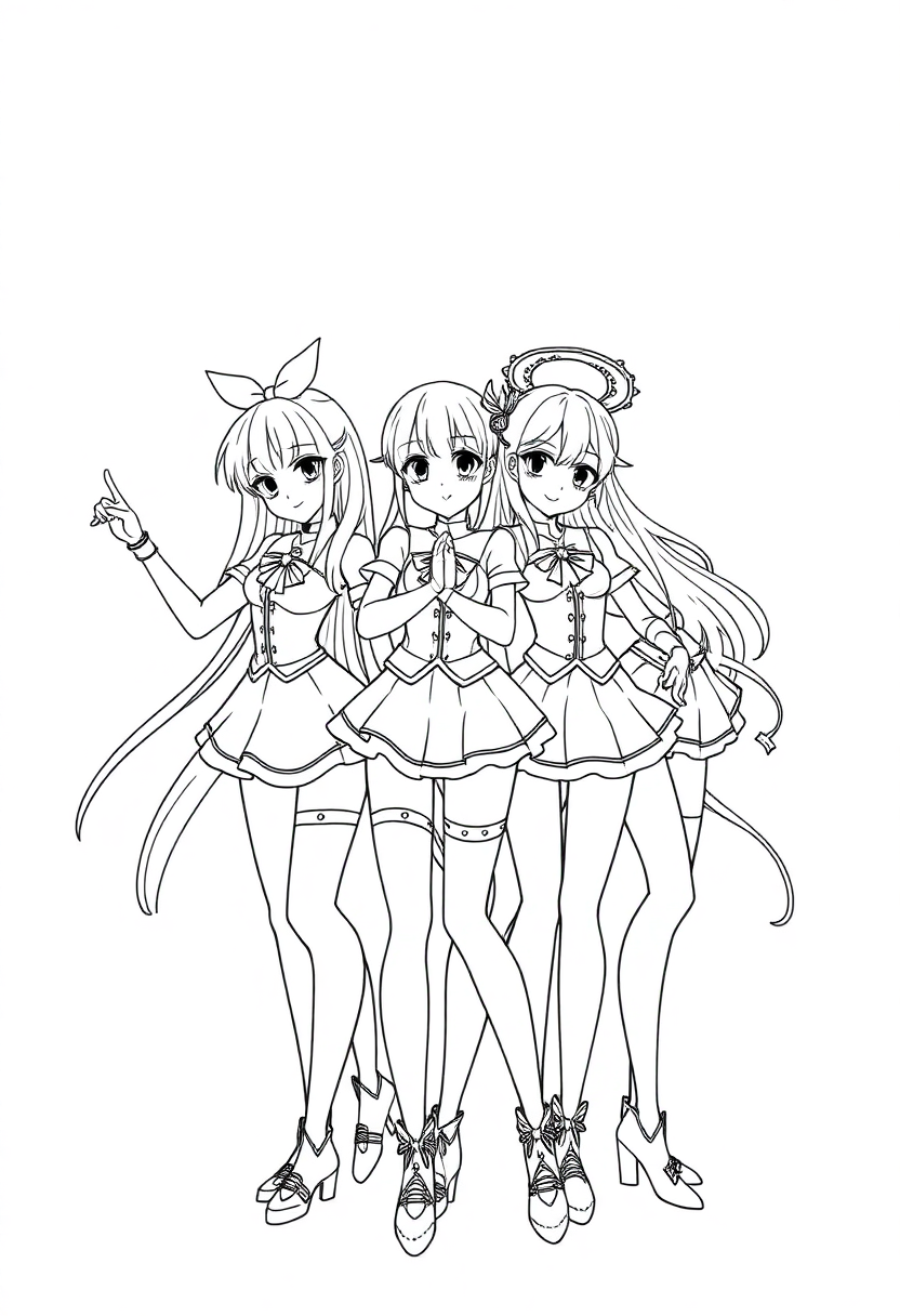 Magical Girl Team Group Pose coloring page, free printable
