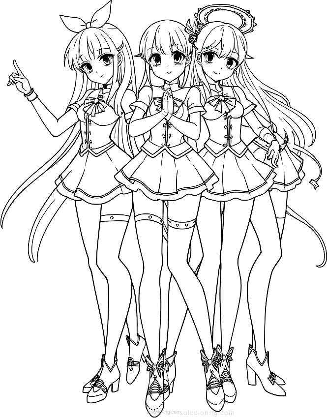 Magical Girl Team Group Pose coloring page for kids