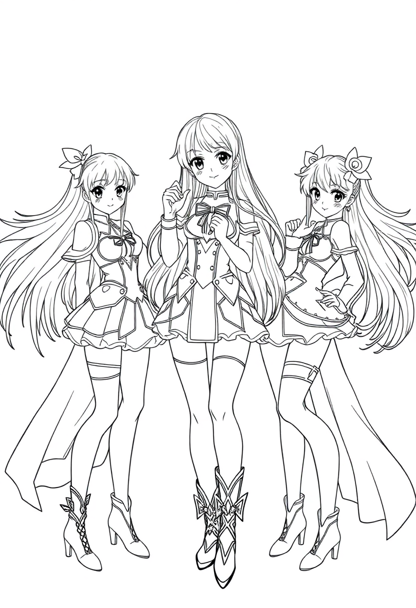 Magical Girl Team Group Pose coloring page, free printable