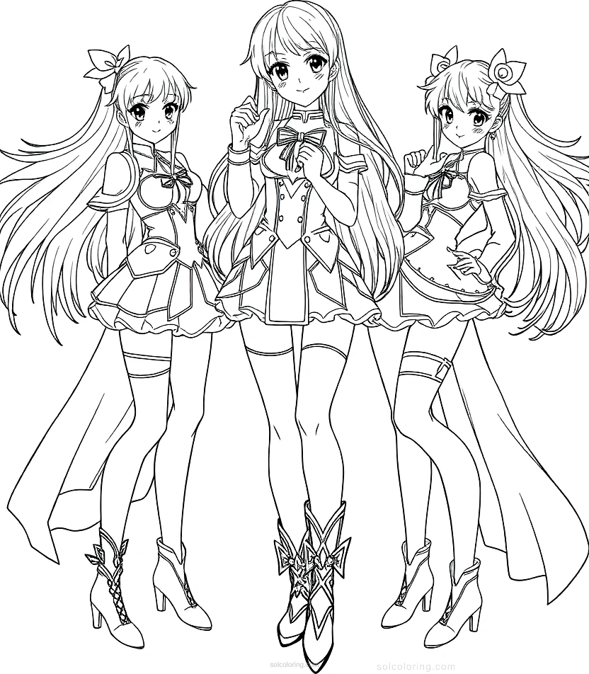 Magical Girl Team Group Pose coloring page for kids