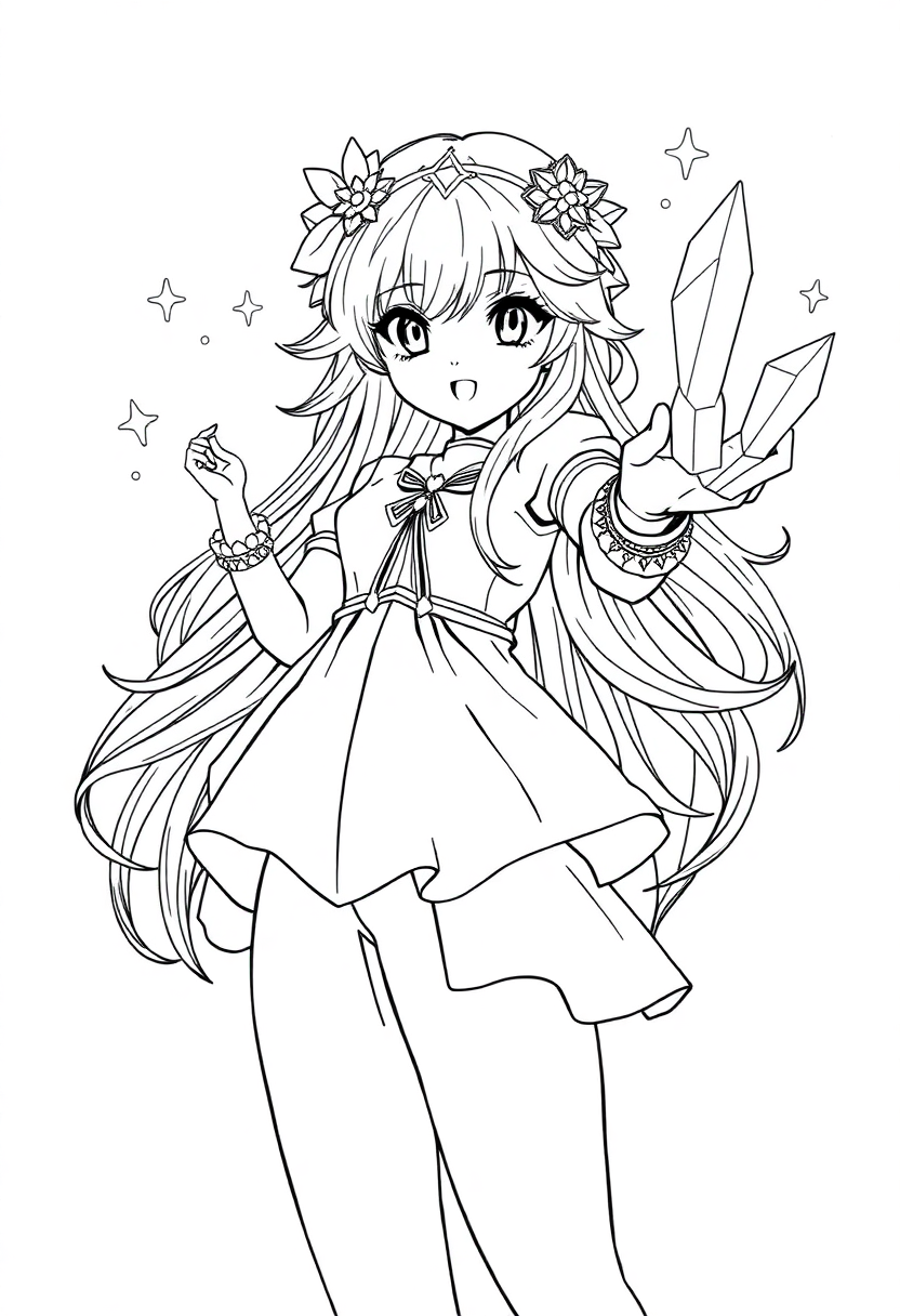 Magical Girl with Crystal Powers coloring page, free printable