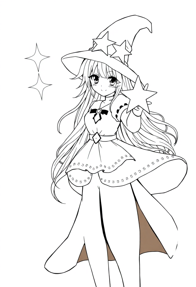 Magical Girl with Star Wand coloring page, free printable