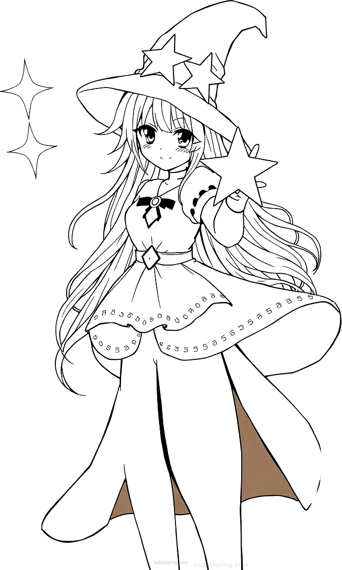 Magical Girl with Star Wand coloring page for kids