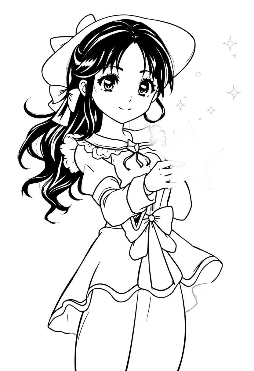 Magical Girl with Star Wand coloring page, free printable