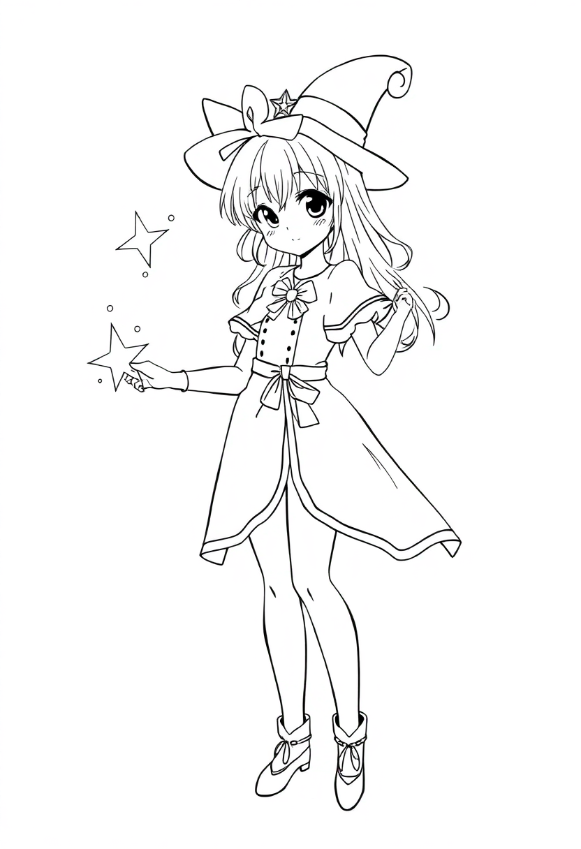 Magical Girl with Star Wand coloring page, free printable