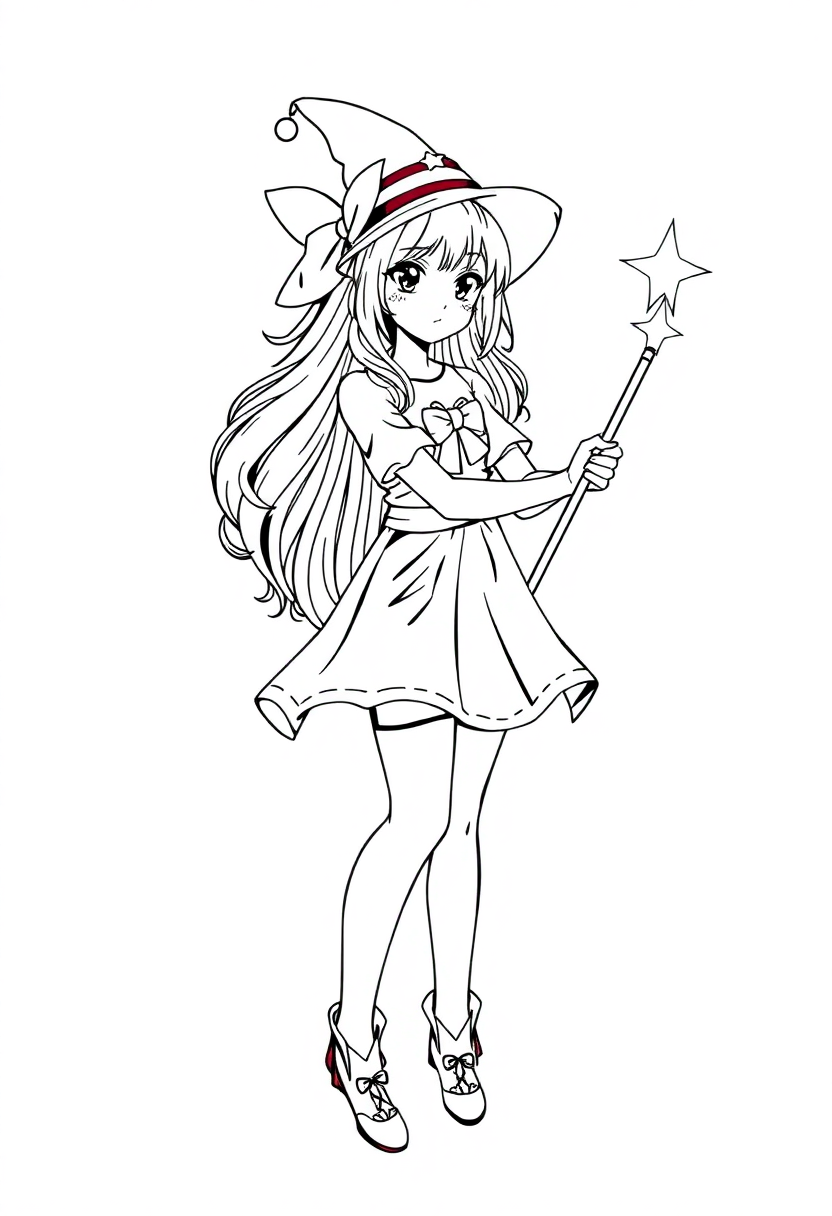 Magical Girl with Star Wand coloring page, free printable