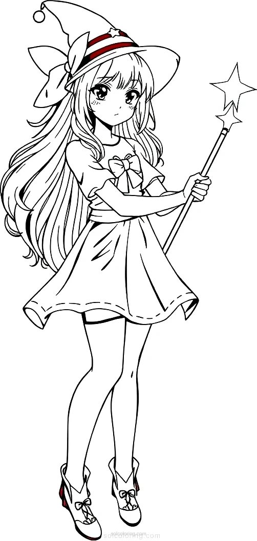 Magical Girl with Star Wand coloring page for kids