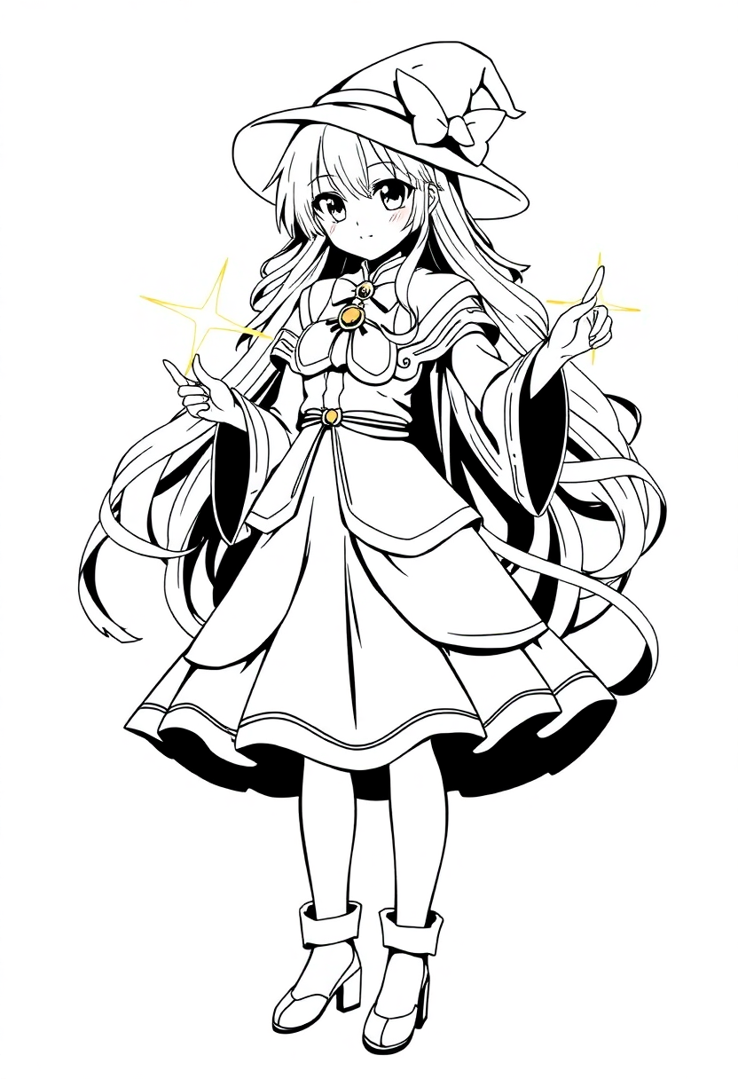 Magical Girl with Star Wand coloring page, free printable