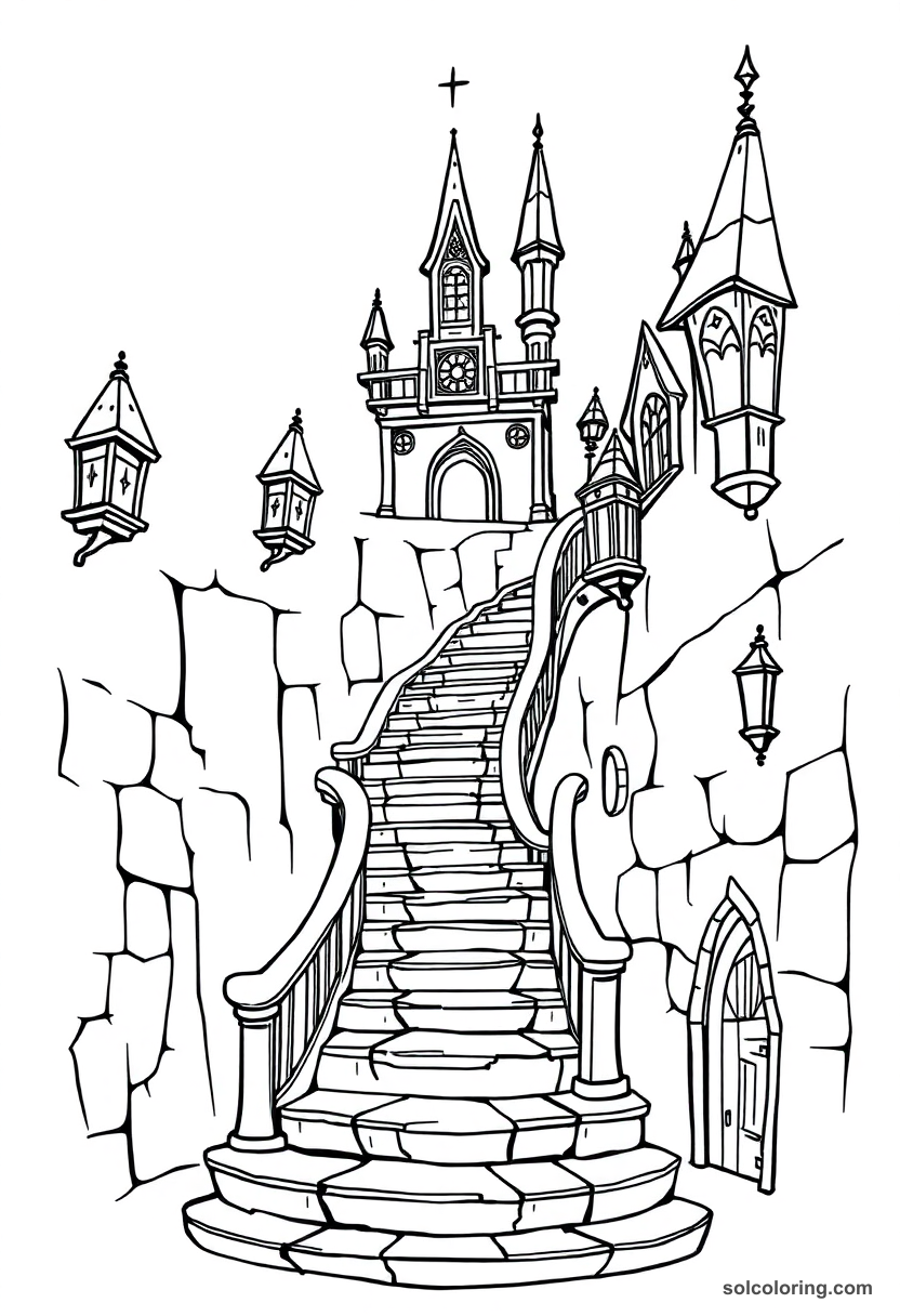 Chibi Magical Moving Staircases Inside an Ancient Wizarding Academy