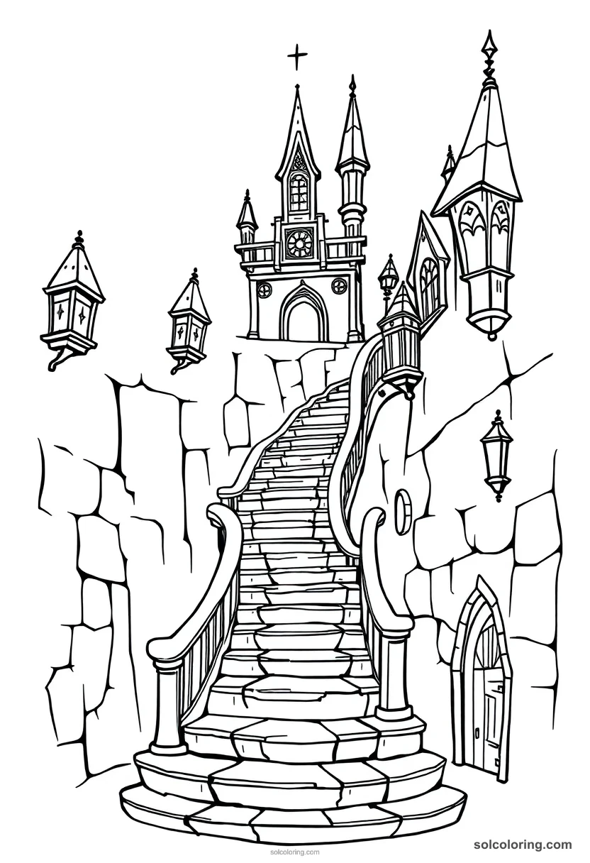 Magical Moving Staircases Inside An Ancient Wizarding Academy chibi coloring page for kids