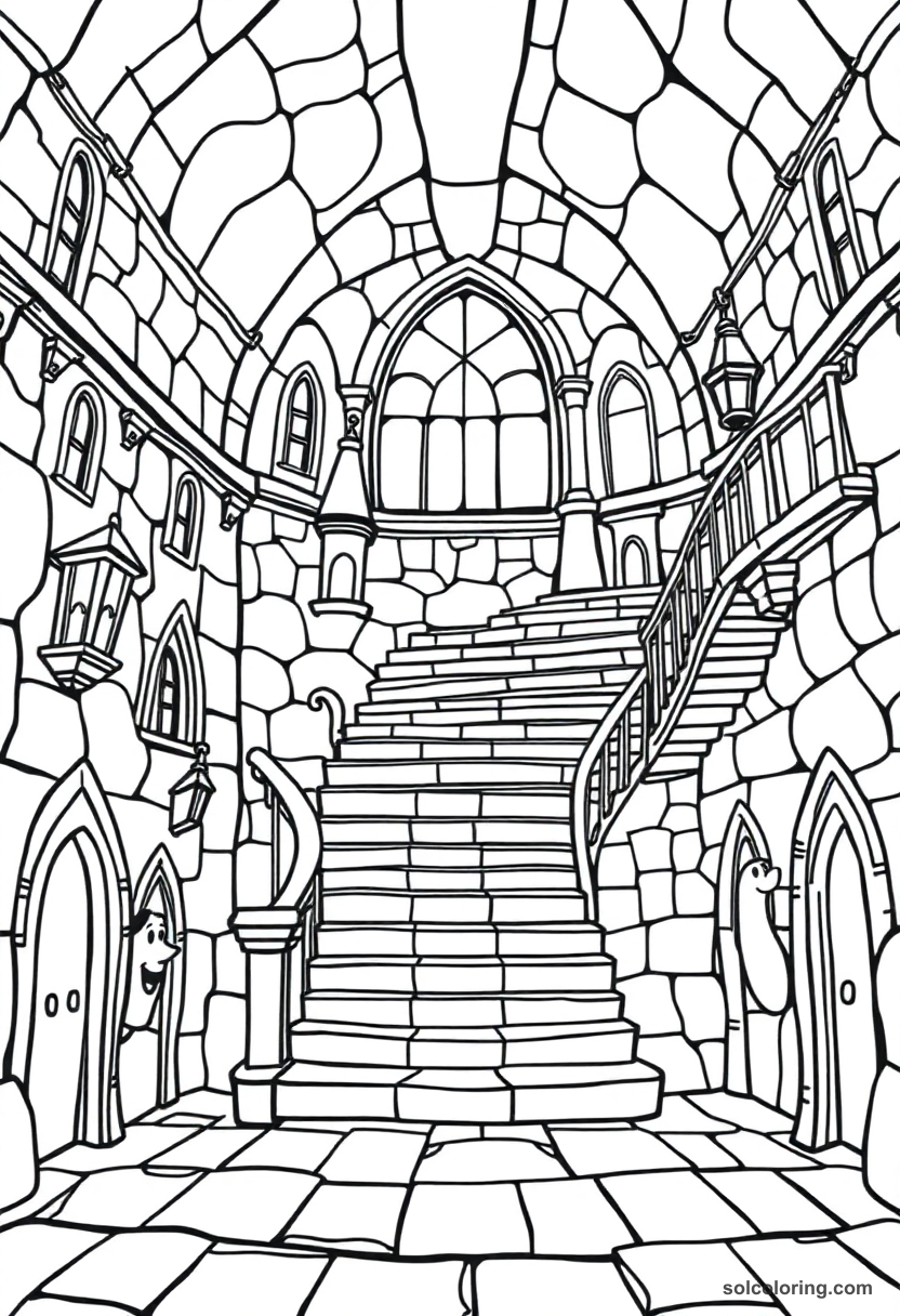 Cute Cartoon Magical Moving Staircases Inside an Ancient Wizarding Academy