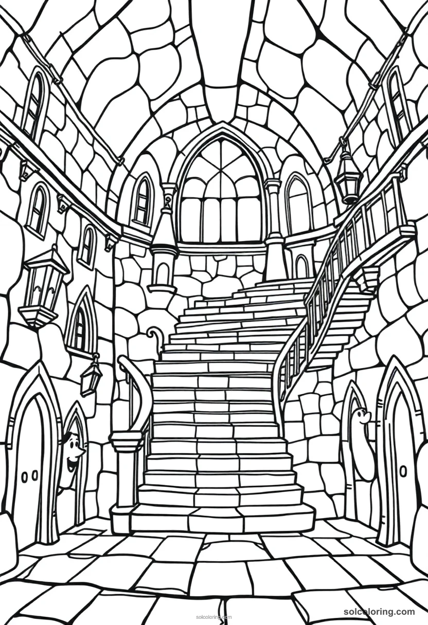 Magical Moving Staircases Inside An Ancient Wizarding Academy coloring page for kids
