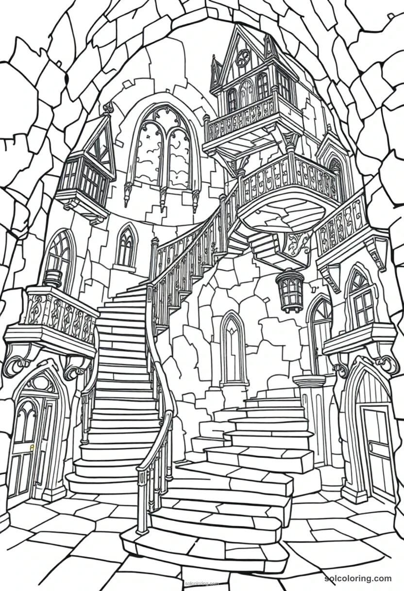 Magical Moving Staircases Inside An Ancient Wizarding Academy detailed coloring page for kids