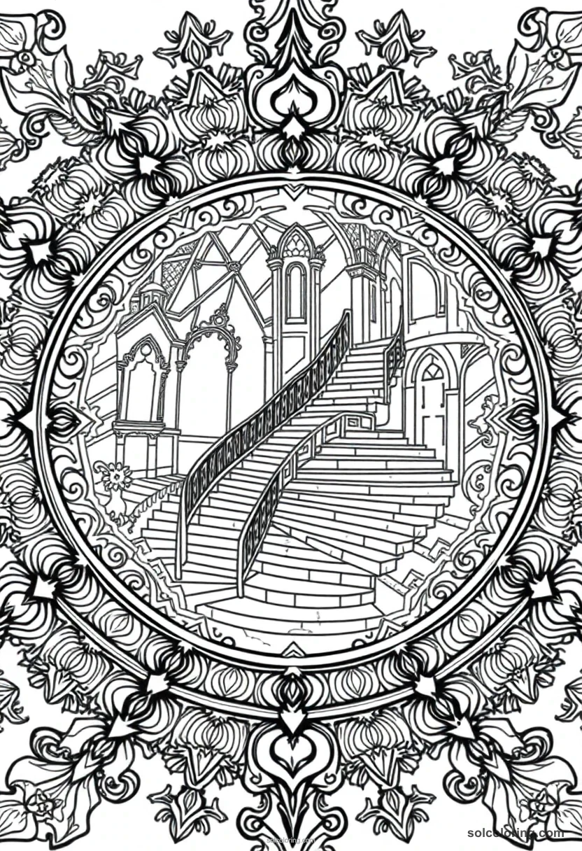 Mandala Magical Moving Staircases Inside an Ancient Wizarding Academy mandala coloring page for kids