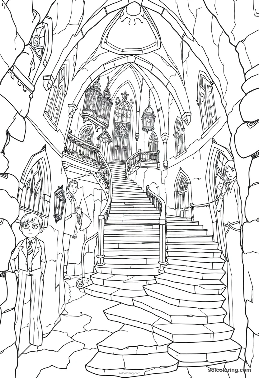 Magical Moving Staircases Inside An Ancient Wizarding Academy coloring pages