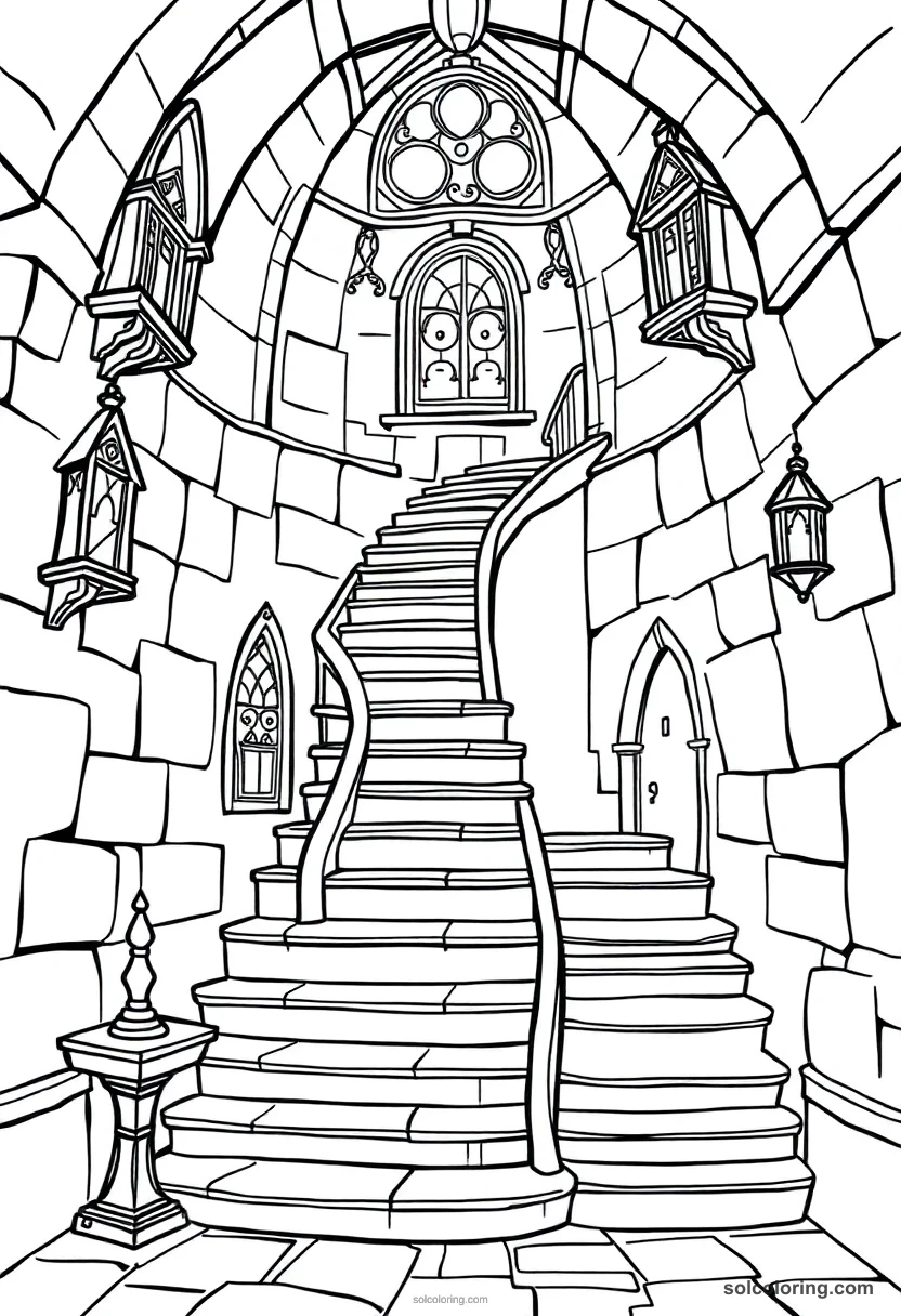 Magical Moving Staircases Inside An Ancient Wizarding Academy simple coloring page for kids