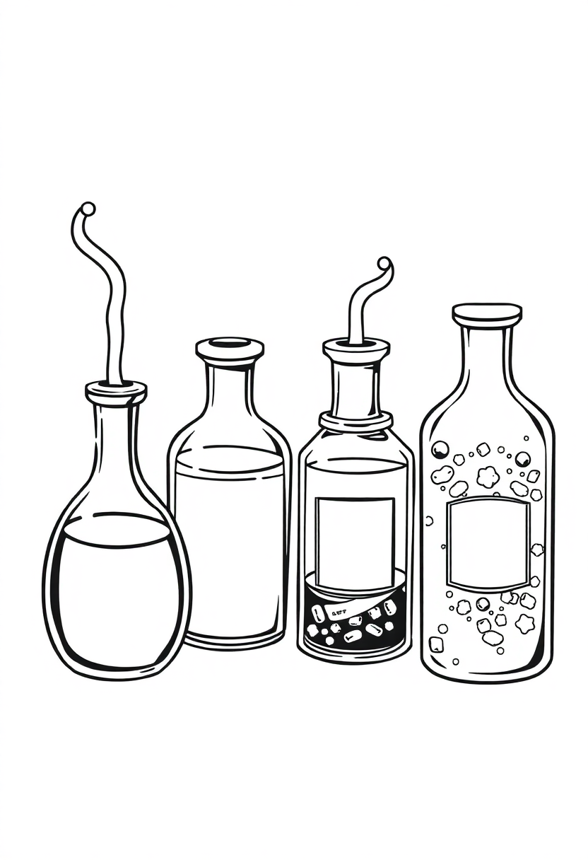 Magical Potion Bottles coloring page for kids
