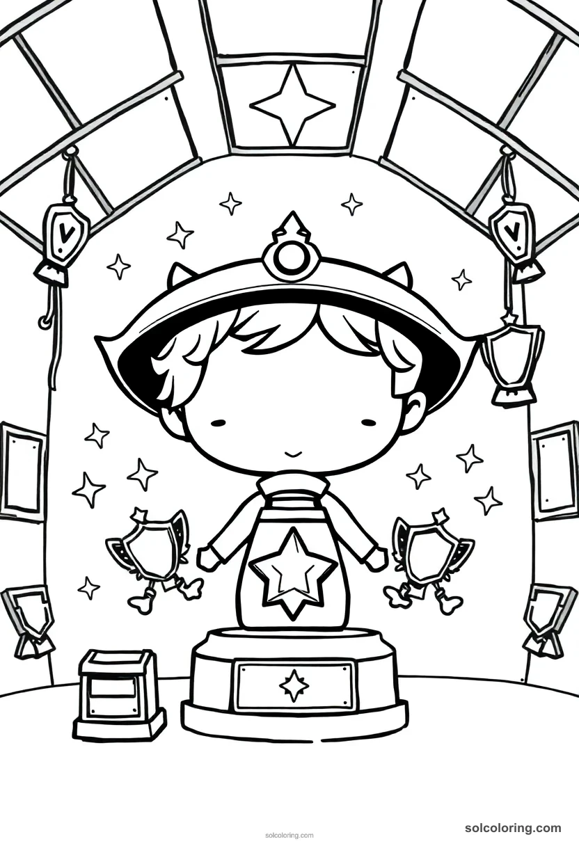 Chibi Magical Trophy Room with Twinkling Awards and Flying Plaques chibi coloring page for kids