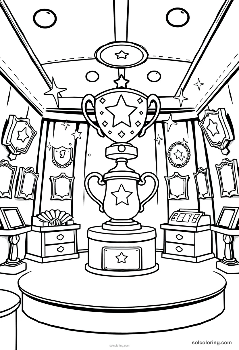 Cute Cartoon Magical Trophy Room with Twinkling Awards and Flying Plaques cute cartoon coloring page for kids