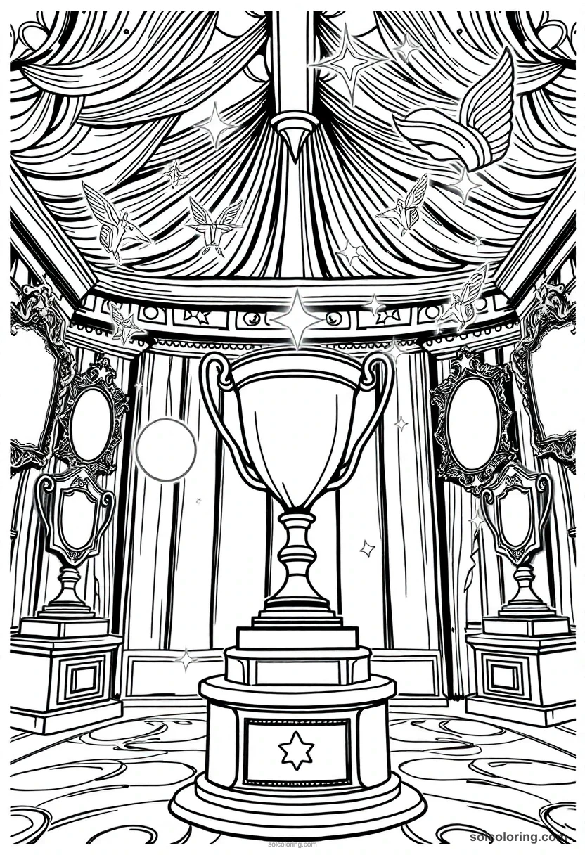 Magical Trophy Room with Twinkling Awards and Flying Plaques detailed coloring page for kids