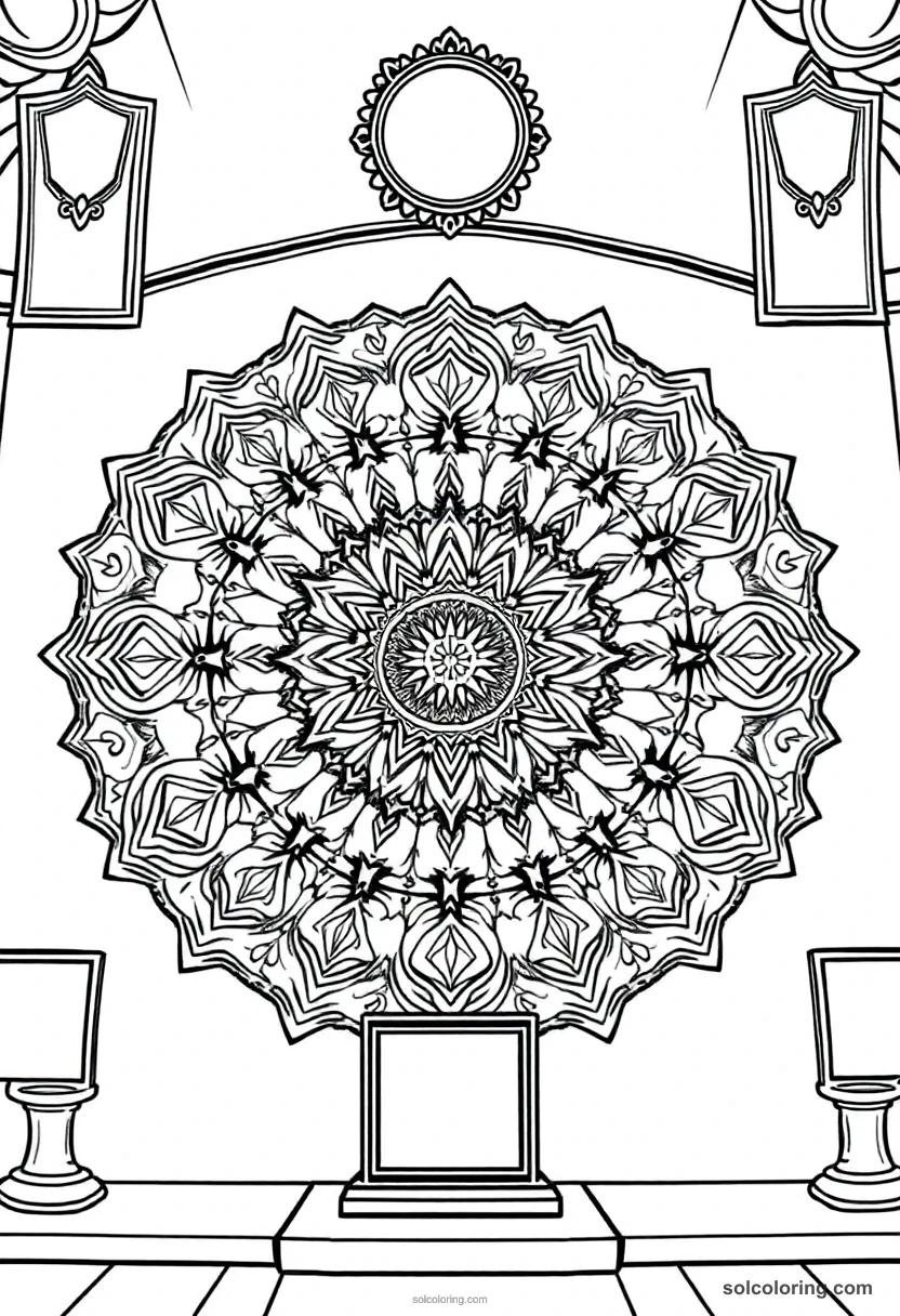 Mandala Magical Trophy Room with Twinkling Awards and Flying Plaques mandala coloring page for kids