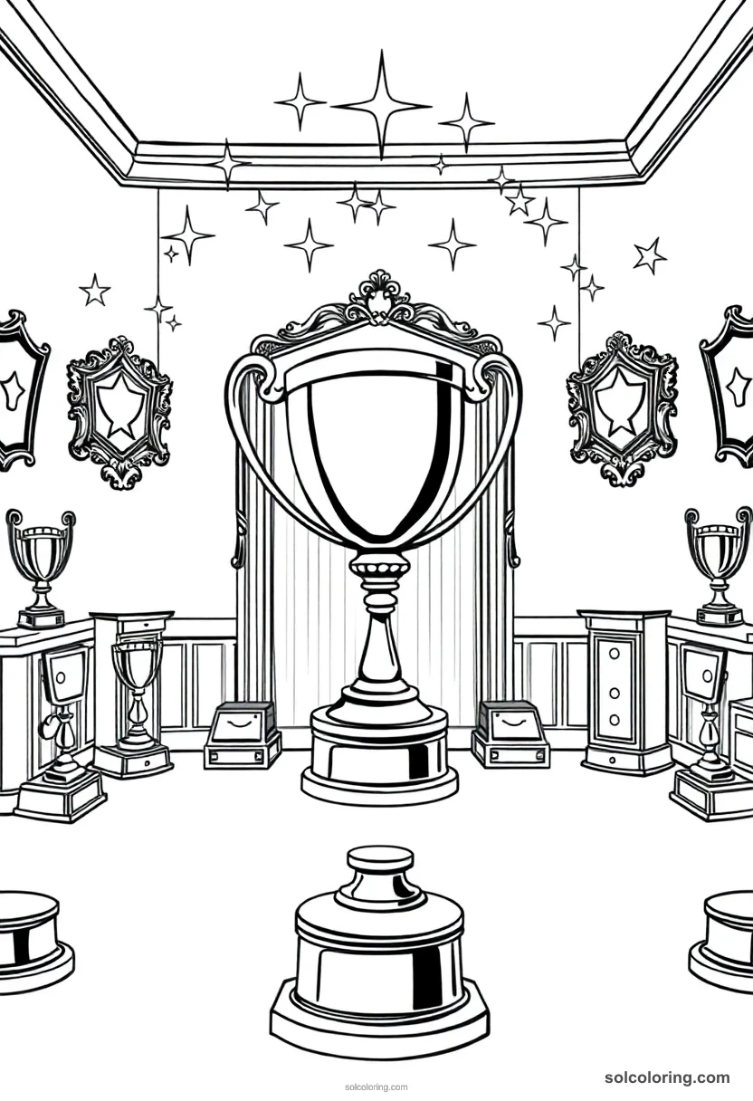 Magical Trophy Room With Twinkling Awards And Flying Plaques coloring pages