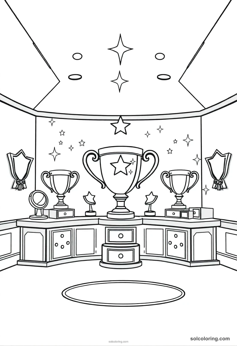 Simple Magical Trophy Room with Twinkling Awards and Flying Plaques simple coloring page for kids