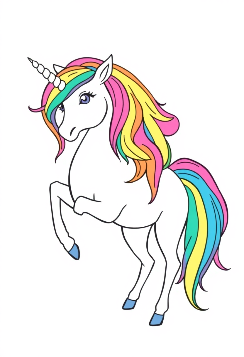 Magical Unicorn with Rainbow Mane coloring page, free printable