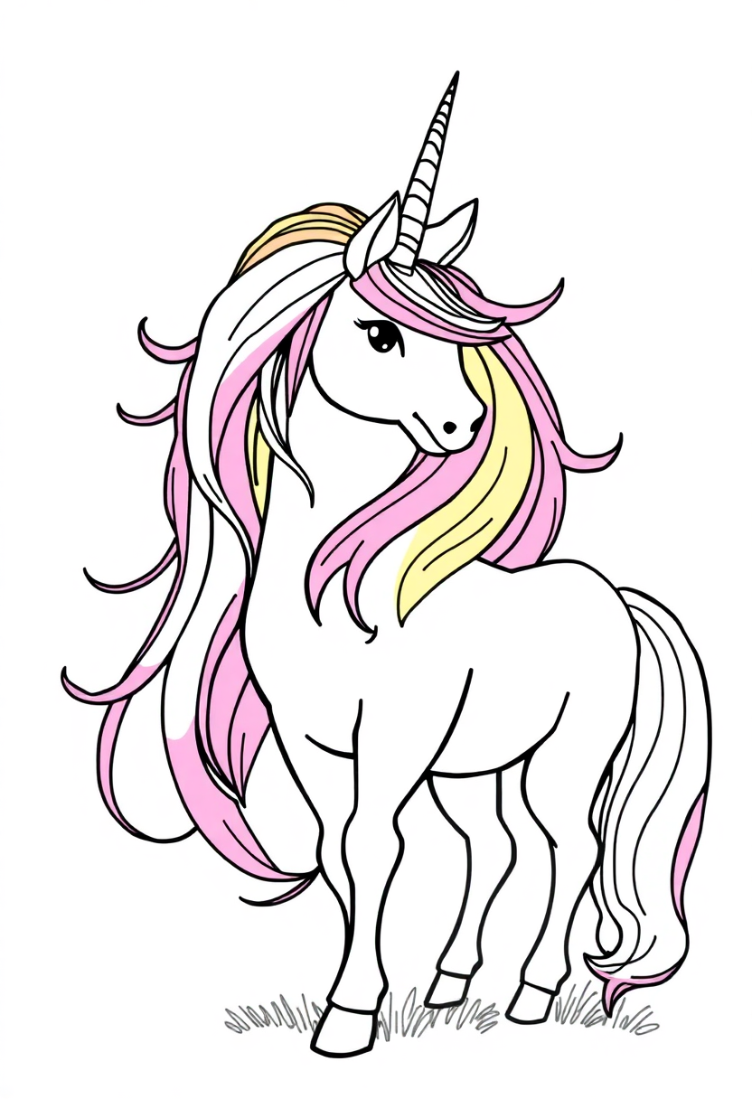 Magical Unicorn with Rainbow Mane coloring page, free printable
