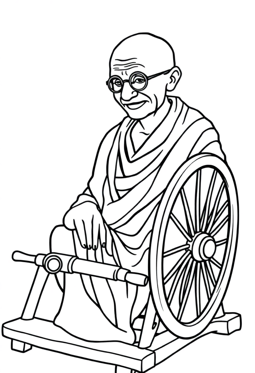 Mahatma Gandhi with Spinning Wheel coloring page, free printable