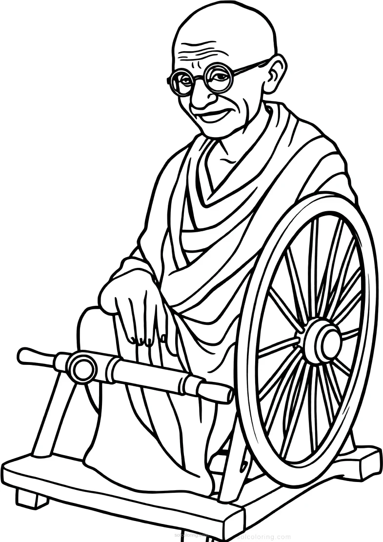 Mahatma Gandhi with Spinning Wheel coloring page for kids