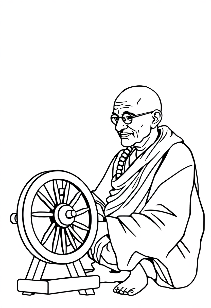 Mahatma Gandhi with Spinning Wheel coloring page, free printable