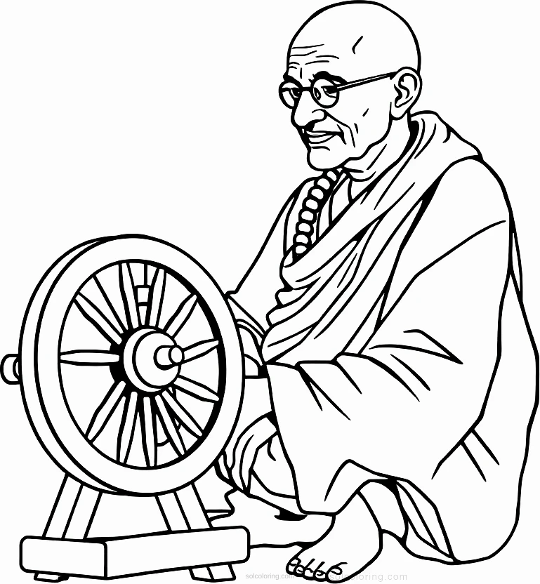 Mahatma Gandhi with Spinning Wheel coloring page for kids