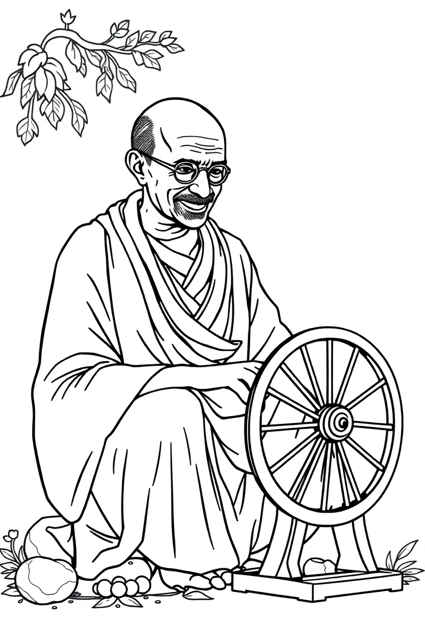 Mahatma Gandhi with Spinning Wheel coloring page, free printable