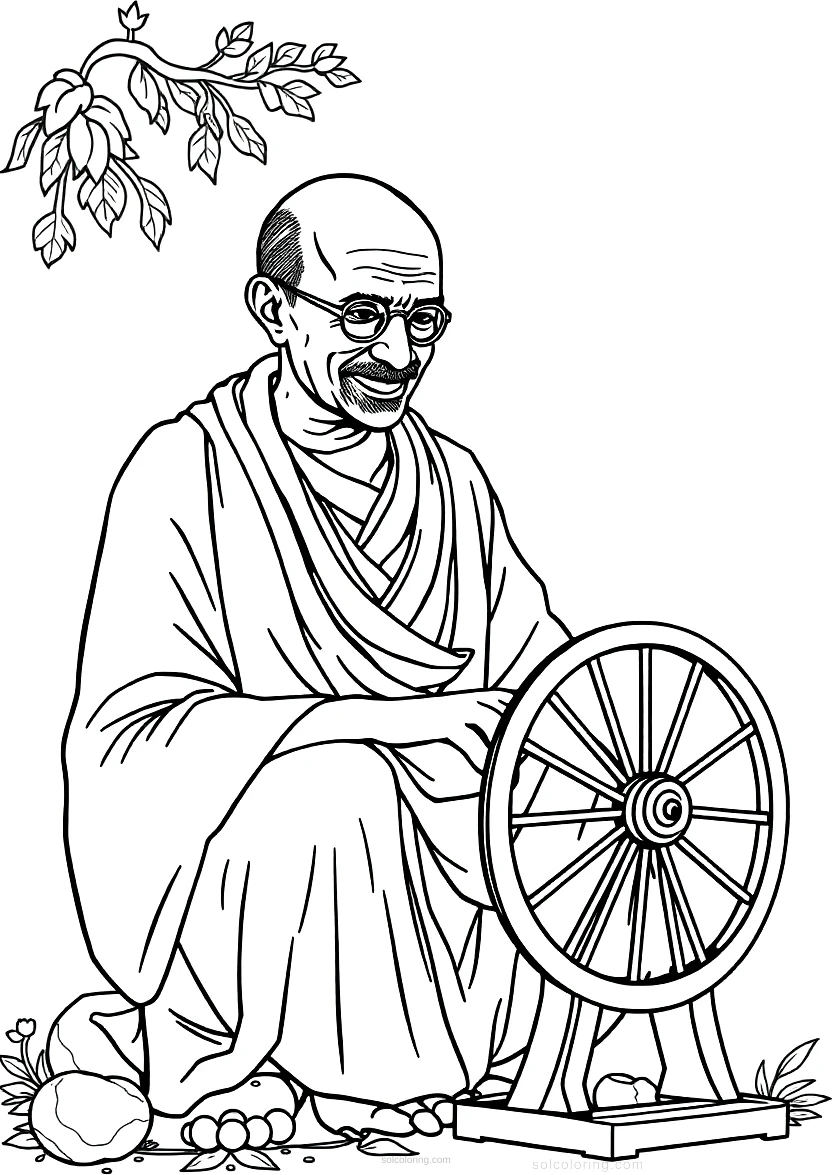 Mahatma Gandhi with Spinning Wheel coloring page for kids