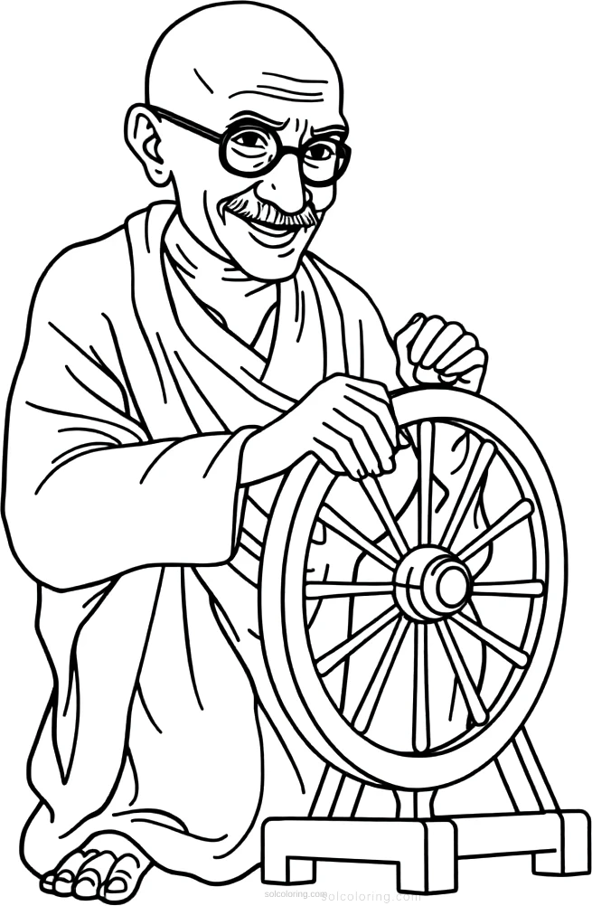 Mahatma Gandhi with Spinning Wheel coloring page for kids