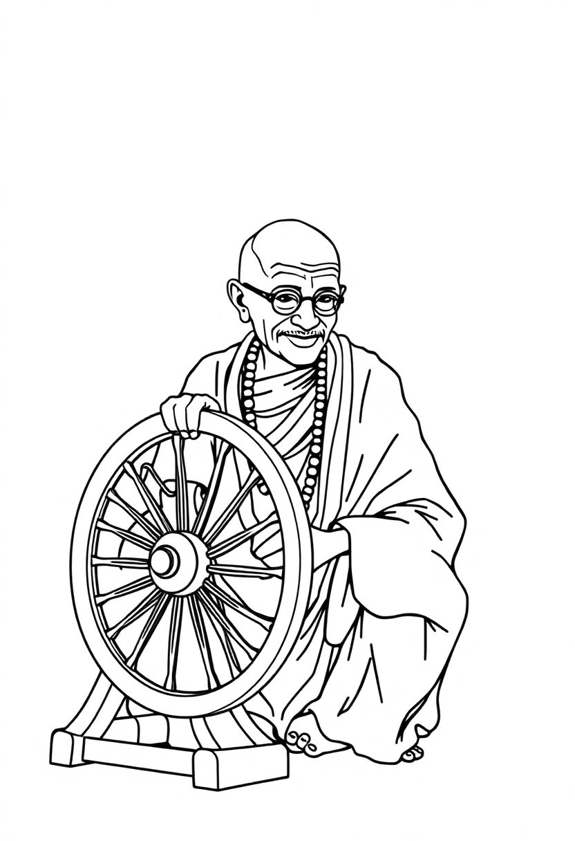 Mahatma Gandhi with Spinning Wheel coloring page, free printable