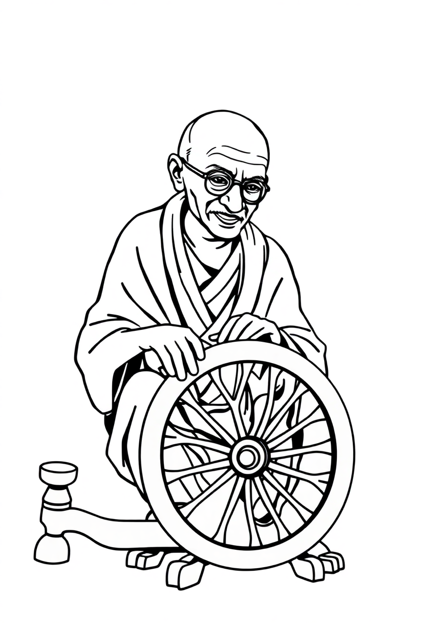 Mahatma Gandhi with Spinning Wheel coloring page, free printable